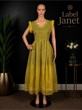 Brand new Olive Green Embroidered Ruffled Sleeve Dress for women (M up to L)